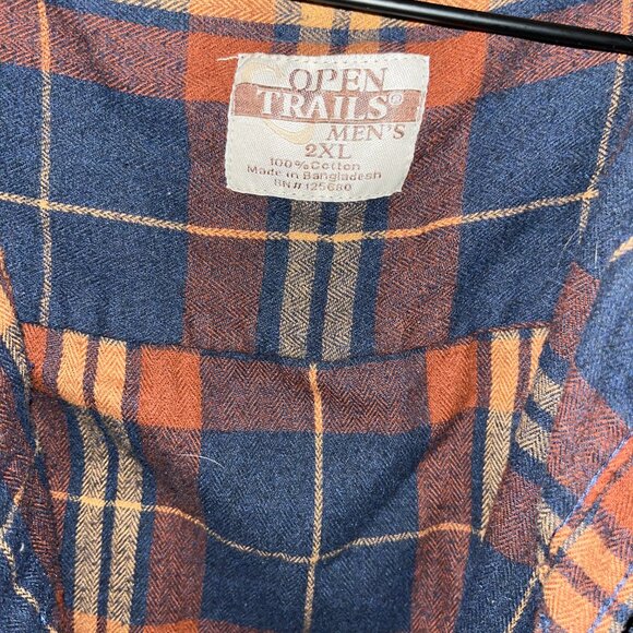 Men’s Rust & Navy Plaid Flannel Button-Down Shirt – Long Sleeve Casual Shirt - Picture 3 of 5